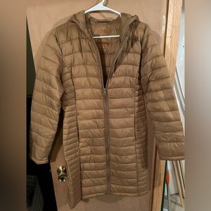 Red Dress Brown Puffer Jacket